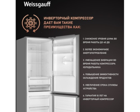 Отдельностоящий холодильник с инвертором Weissgauff WRK 2000 Total NoFrost Inverter Inox