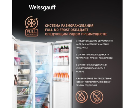 Отдельностоящий холодильник с инвертором Weissgauff WSBS 1036 Inverter NoFrost Premium White Glass