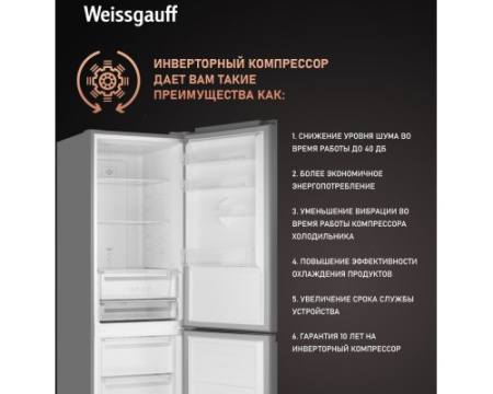Отдельностоящий холодильник с инвертором Weissgauff WRK 2000 Total NoFrost Inverter Black Glass