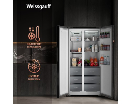 Отдельностоящий холодильник с инвертором Weissgauff WSBS 590 NoFrost Inverter Premium Dark Grey Glass