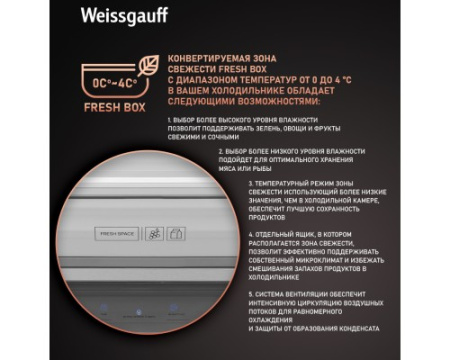 Отдельностоящий холодильник с инвертором Weissgauff WCD 590 Nofrost Inverter Premium Ecofresh Dark Inox