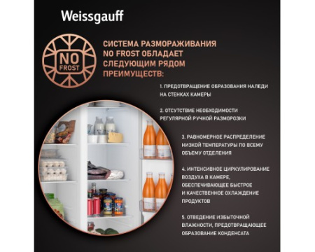 Отдельностоящий холодильник с инвертором Weissgauff WSBS 500 Inverter NoFrost White Rock Glass
