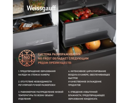 Отдельностоящий холодильник с инвертором Weissgauff WSBS 590 NoFrost Inverter Premium Dark Grey Glass