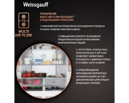 Отдельностоящий холодильник с инвертором Weissgauff WCD 450 Inox Glass NoFrost Inverter
