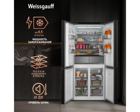 Отдельностоящий холодильник с инвертором Weissgauff WCD 590 NoFrost Inverter Premium EcoFresh Inox Glass