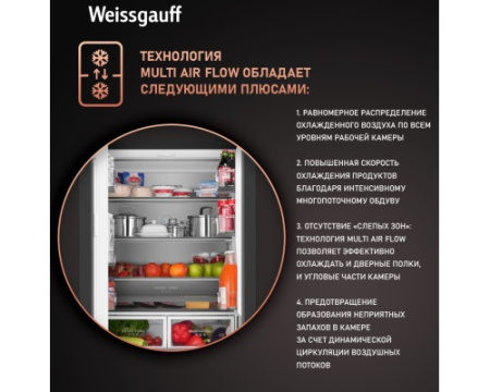 Отдельностоящий холодильник Weissgauff WFD 450 Built-in Inverter NoFrost Dark Inox