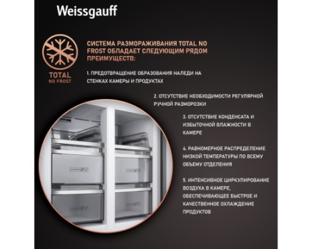 Отдельностоящий холодильник с инвертором Weissgauff WCD 590 Nofrost Inverter Premium EcoFresh Blue Glass