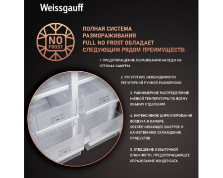Отдельностоящий холодильник с инвертором Weissgauff WCD 450 White Rock Glass NoFrost Inverter