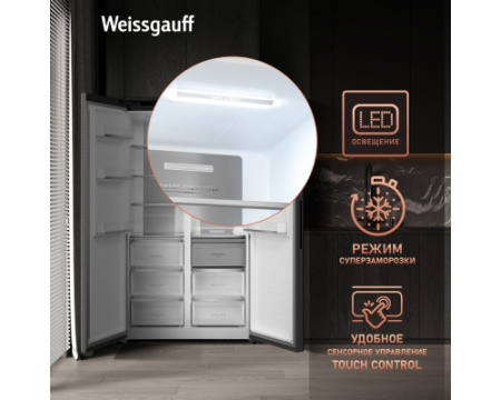 Отдельностоящий холодильник с инвертором Weissgauff WSBS 1036 Inverter NoFrost Premium Black Glass