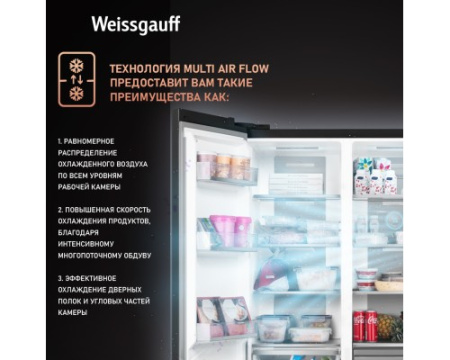 Отдельностоящий холодильник с инвертором Weissgauff WSBS 1036 Inverter NoFrost Premium Black Glass