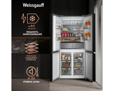 Отдельностоящий холодильник с инвертором Weissgauff WCD 590 Nofrost Inverter Premium EcoFresh Dark Grey Glass
