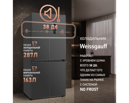 Отдельностоящий холодильник с инвертором Weissgauff WCD 450 Dark Grey NoFrost Inverter